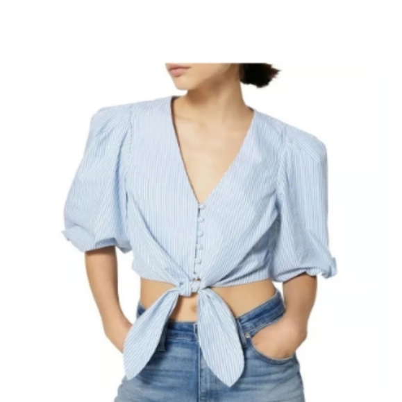 Jonathan Simkhai Ellen Blue White Stripe Cotton Oxford BabyDoll Puff Sleeve Top - Picture 1 of 16